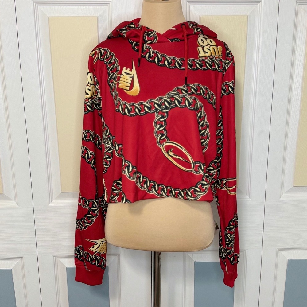 Nike Hoodie Red Gold Chain Print Cropped Hoodie Sweatshirt Womens Large